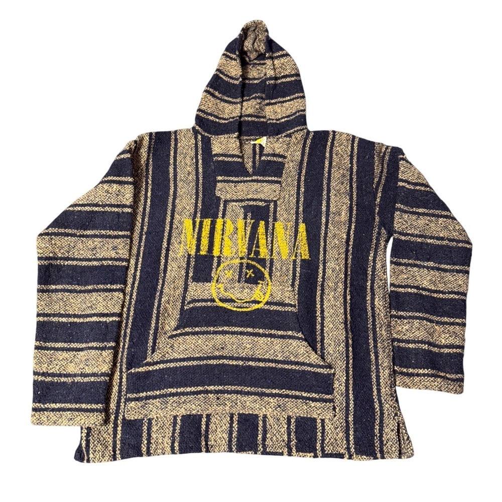Nirvana Smiley Face Baja Hoodie Sunspecs Mens Large Blue Tan Striped Mexico 90s